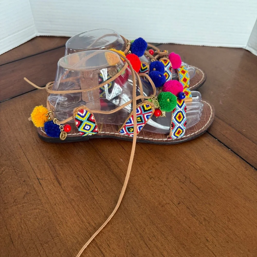 Sam‎ Edelman Lisabeth 9 Lace Up Beaded PomPom Colorful Summer Spring Sandals